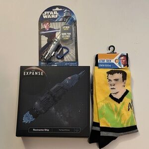NWT Star Trek Socks, The Expanse Ship, Star Wars Lightsaber Lip Balm Lot
